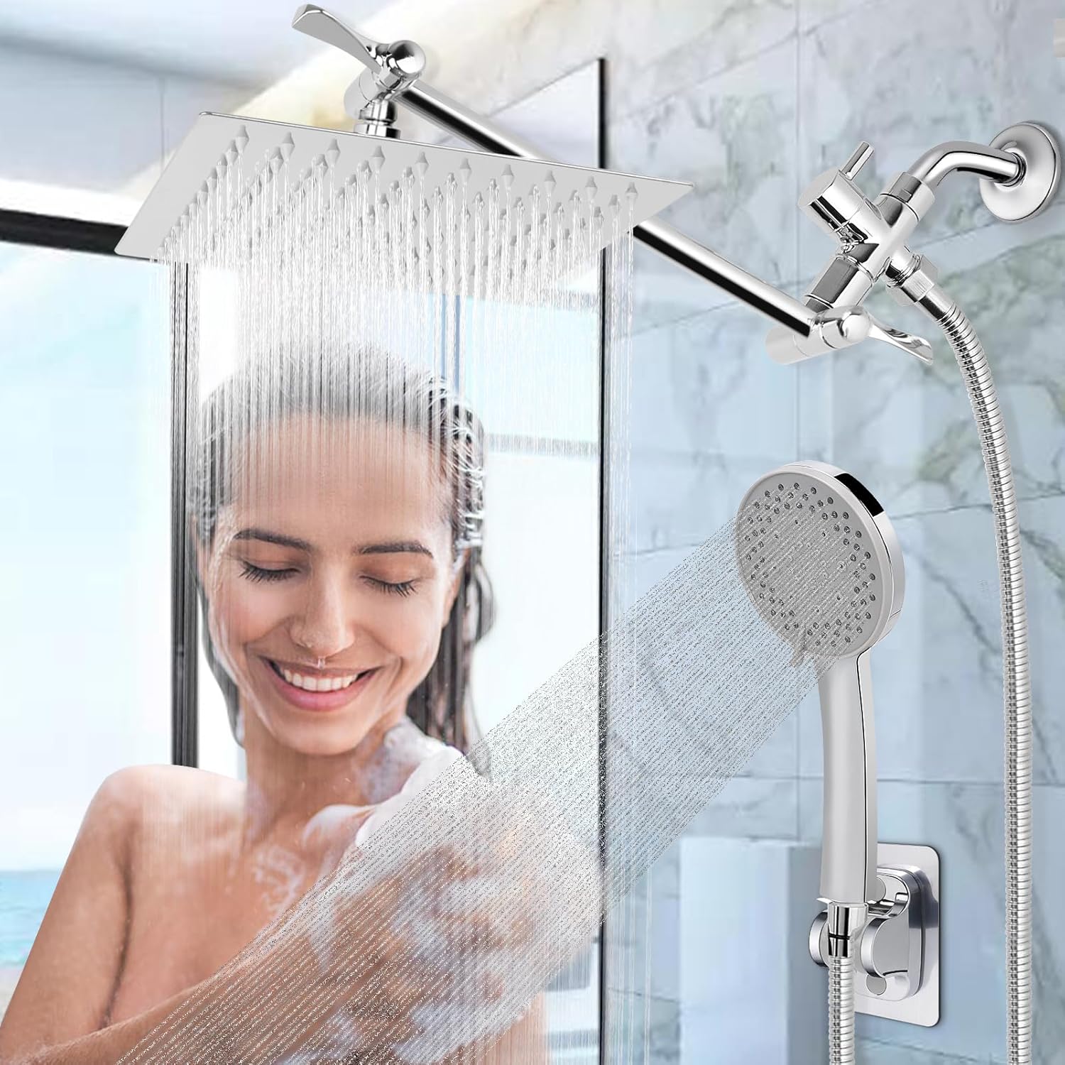 Combo de cabezal de ducha con brazo de extensión de 11 pulgadas, cabezal de ducha de lluvia de alta presión de 8 pulgadas con rociador de ducha de