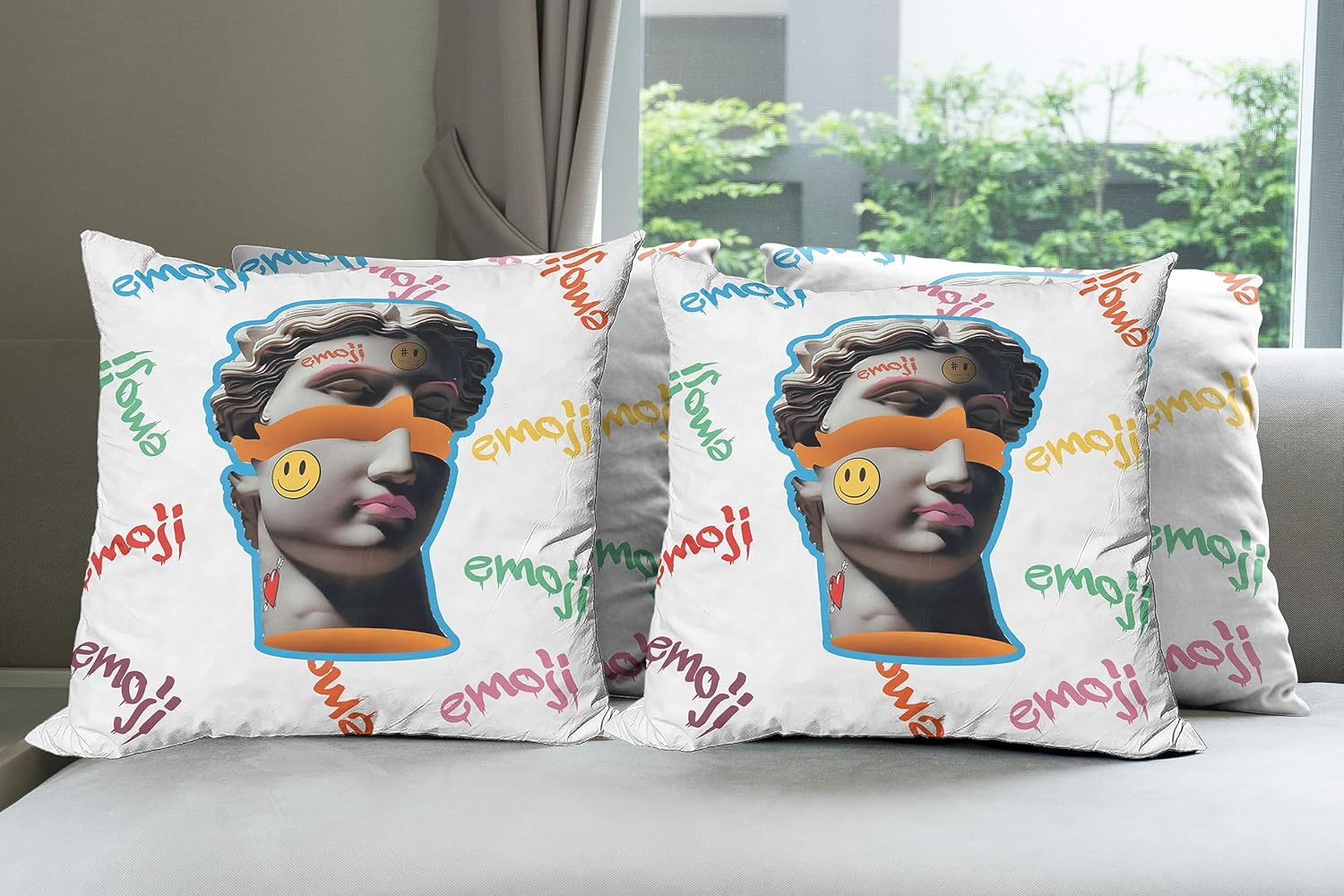 Ambesonne Emoji Decorative Throw Pillow Case Pack of 4, Modern Illustration of Antique Sculpture Portrait Graffiti Shapes and Forms, Cushion Cover