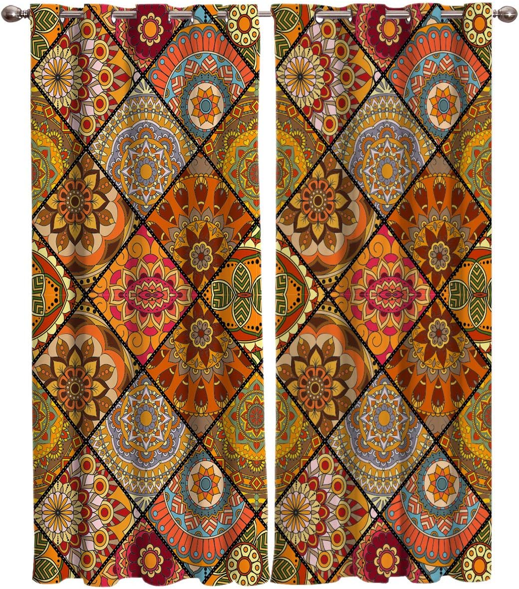 FortuneHouse Blackout Curtains Thermal Insulated Ethnic Style Orange Square Pattern Solid Pattern Metal Grommet Elegant Room Drapes Window Curtain