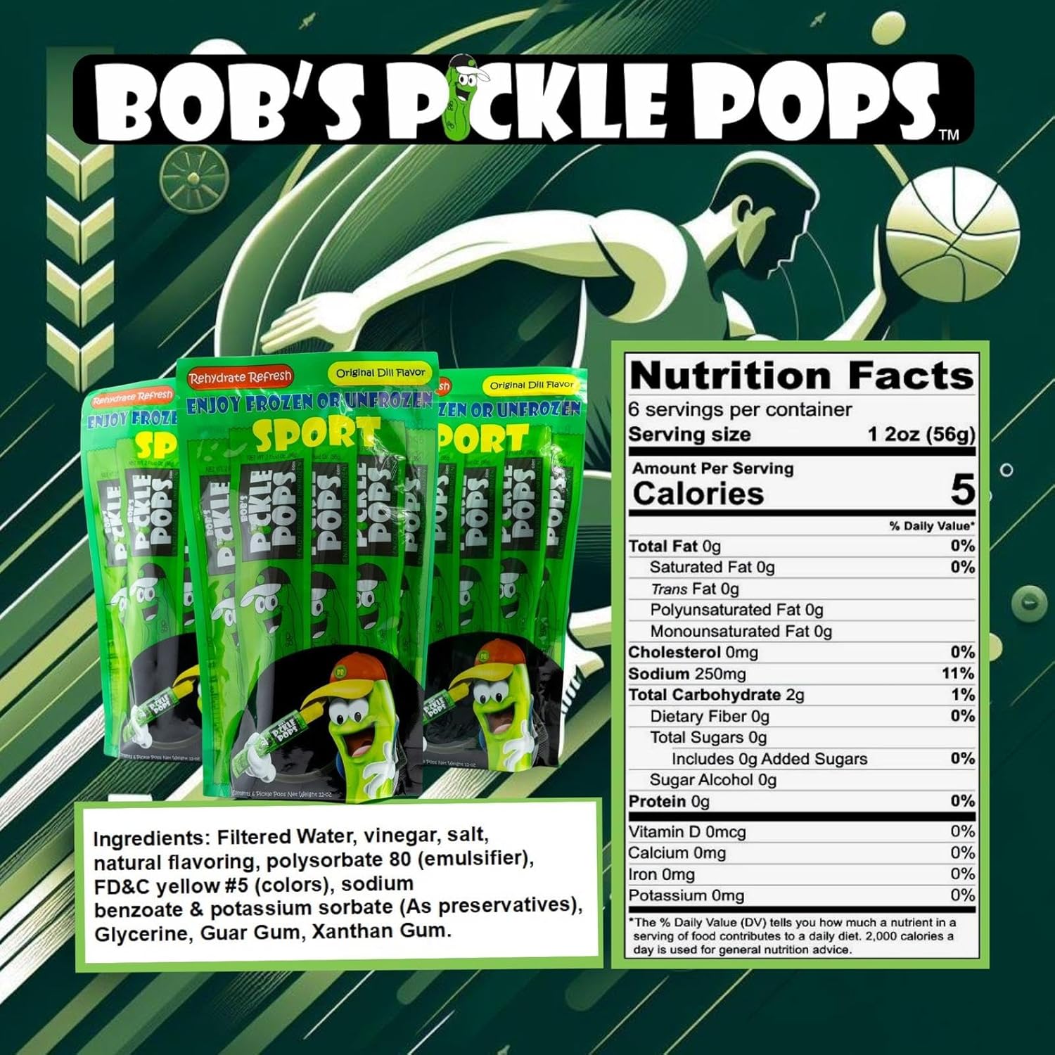 Bob’s Pickle Pops – Paletas de hielo originales con sabor a jugo de eneldo – Paletas de congelación preentrenamiento – Alivio de calambres