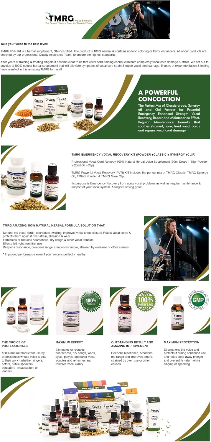 TMRG Potente kit de recuperación vocal, grande (gotas de 1.0 fl oz+3.00 oz en polvo+0.7 fl oz de aceite + clip), remedio profesional de cuerdas