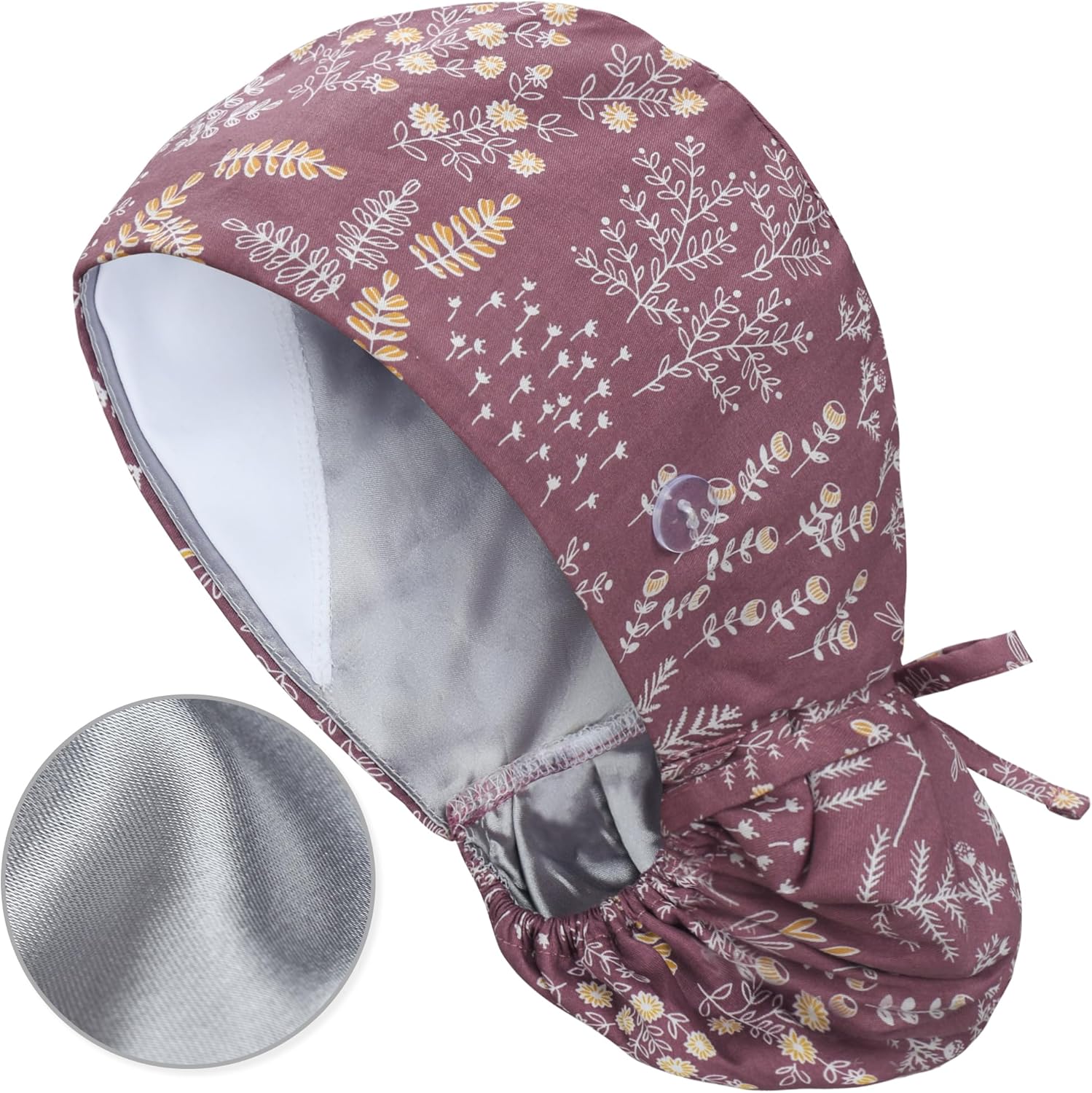 QBA Gorra de trabajo ajustable con botón, gorro de trabajo de algodón forrado de satén, banda para el sudor, vendaje elástico para atar en la