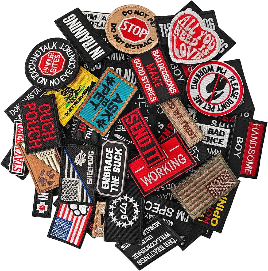 Paquete de 20 parches tácticos de moral al azar, juego de parches tácticos bordados completos, parche moral con gancho y bucle para gorras,