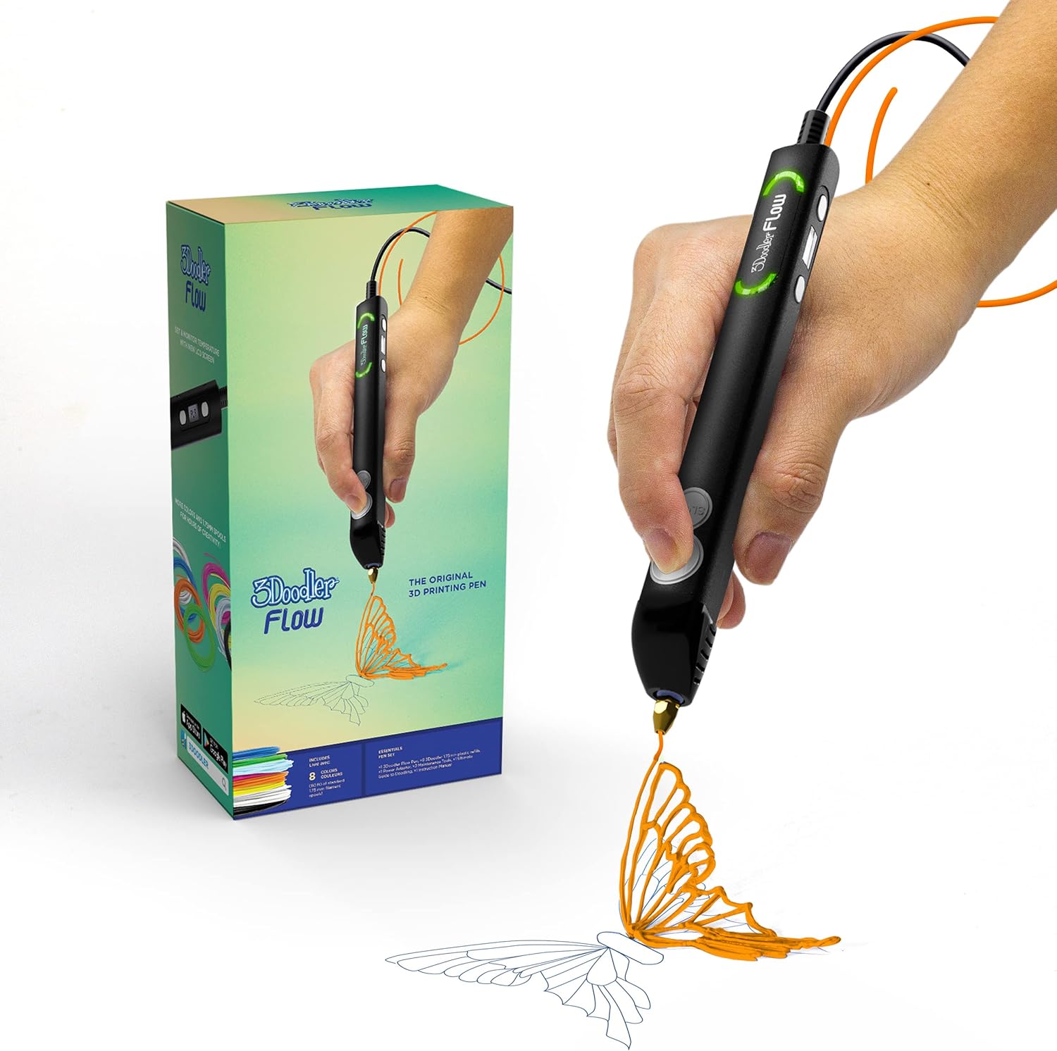 3Doodler Bolígrafo de impresión 3D Flow para adolescentes, adultos y creadores. – Negro – con filamentos de recarga gratis + libro de plantillas +