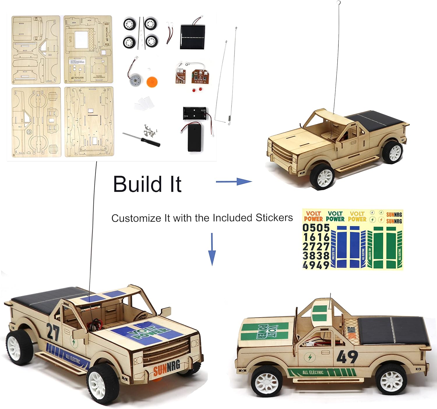 TOYLOGS Kit de modelo de coche de madera, juguete de rompecabezas 3D con control remoto, panel de energía solar, proyectos STEM para niños de 8 a 12