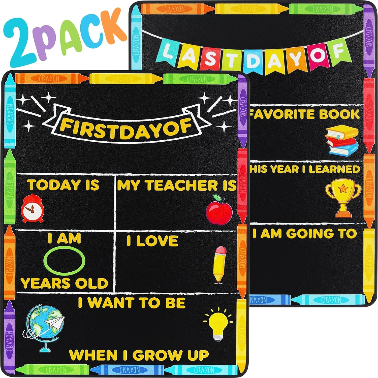 Cartel de primer día de escuela, suministros de pizarra de regreso a clases, letrero de pizarra con texto en inglés “My First Last Day of School”,