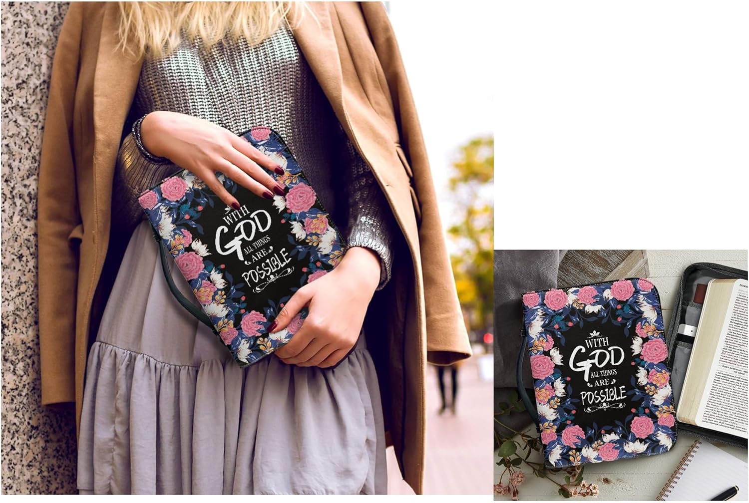 Fundas de Biblia de flores para mujeres, funda de Biblia extra grande con estampado de versículos para niñas y hombres con asa con cremallera y