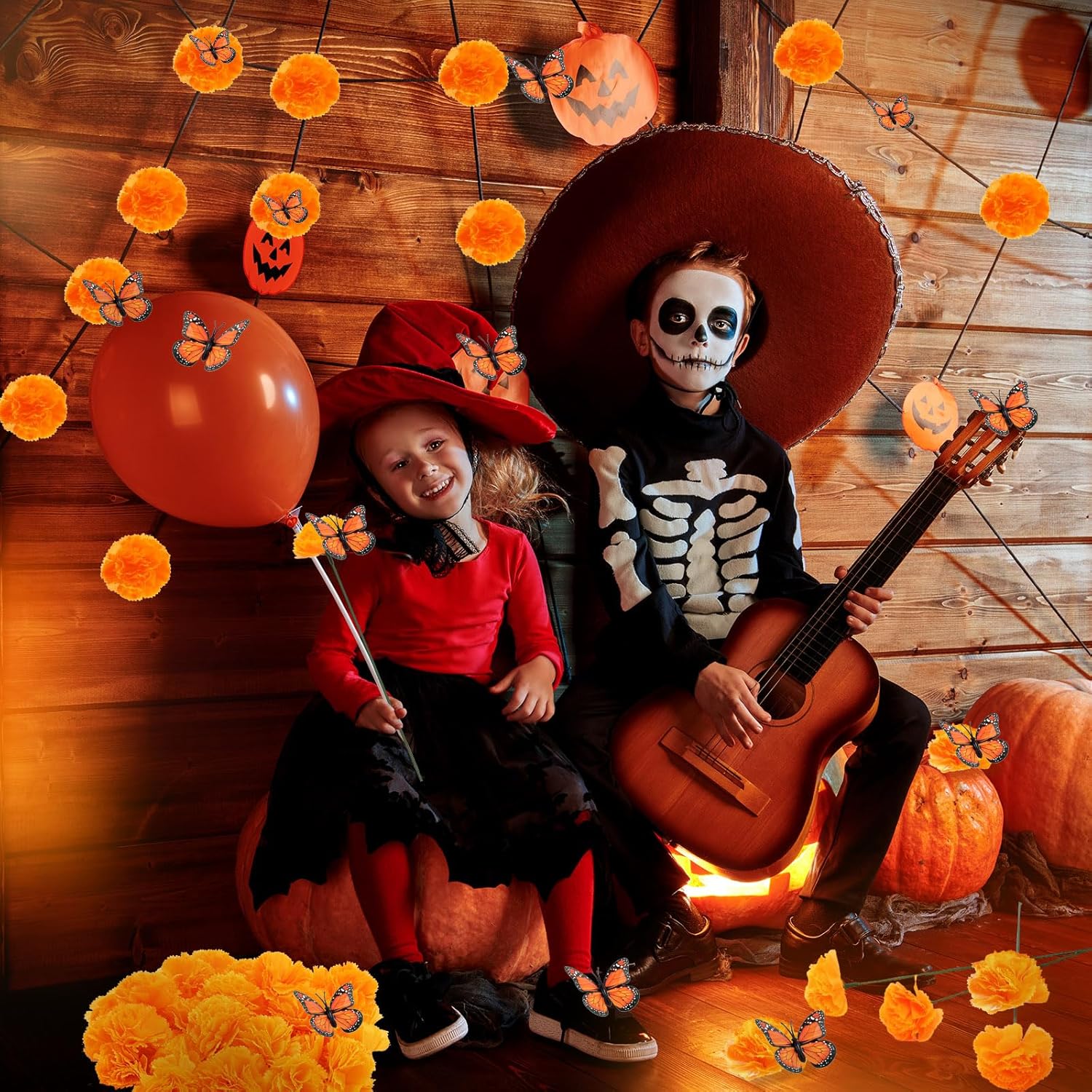 120 piezas de decoración del Día de los Muertos, flores artificiales de caléndula de seda con tallos, mariposas monarca falsas para Diwali Dia De