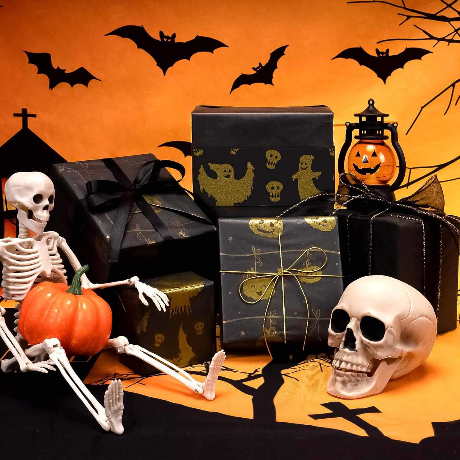 Larcenciel Papel de seda de Halloween, 60 hojas de papel de seda metálico de calabaza fantasma para bolsas de regalo y envoltura de regalos,