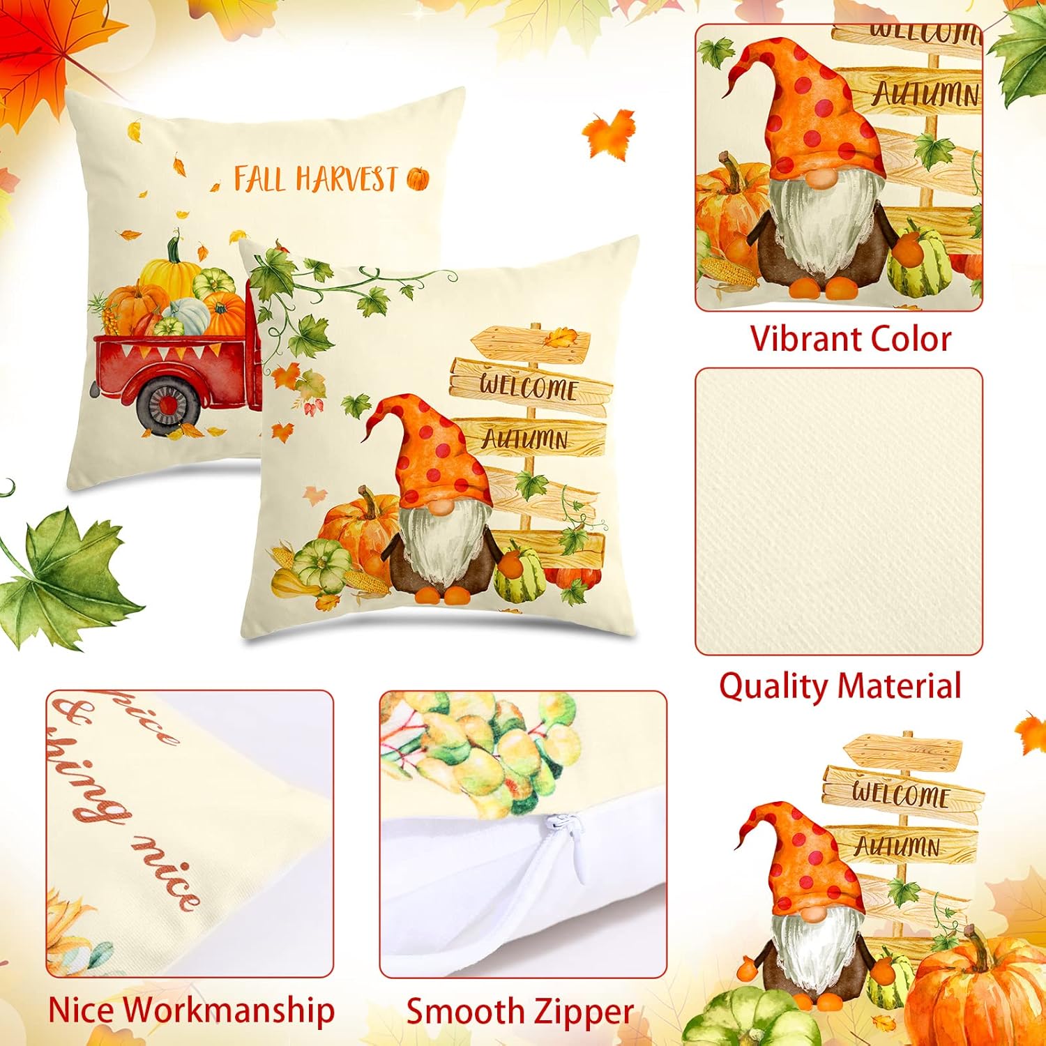 Paquete de 6 fundas de almohada de otoño de 18 x 18 pulgadas, fundas de almohada de cosecha de calabaza, hojas de arce, calabaza, bicicleta, camión,