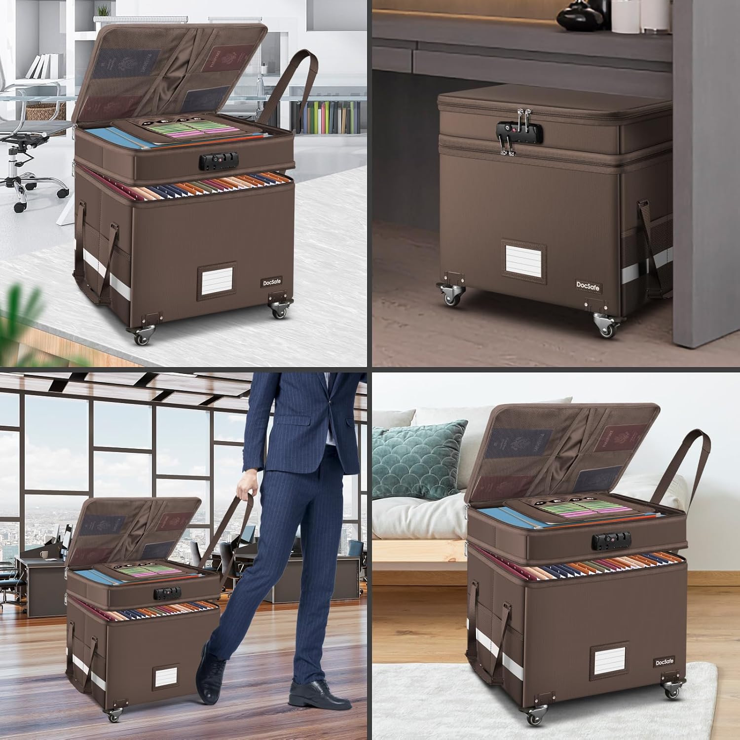DocSafe Caja de archivos con cerradura, caja de documentos ignífuga de 2 capas con ruedas, organizador de almacenamiento de archivos plegable con