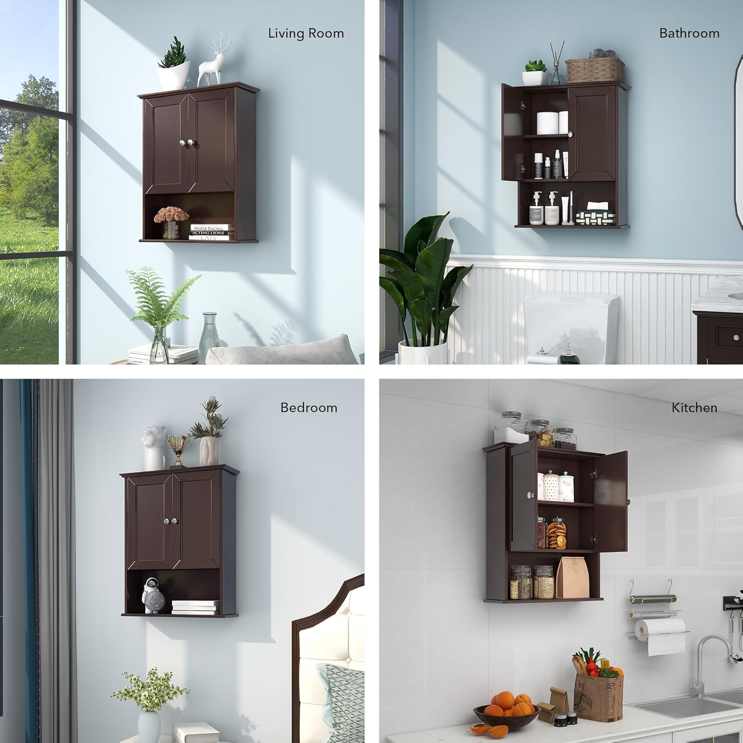 VANIRROR Armario de pared para baño, color marrón, sobre inodoro, 24 x 30 pulgadas, armarios de madera para medicamentos montados en la pared con 2