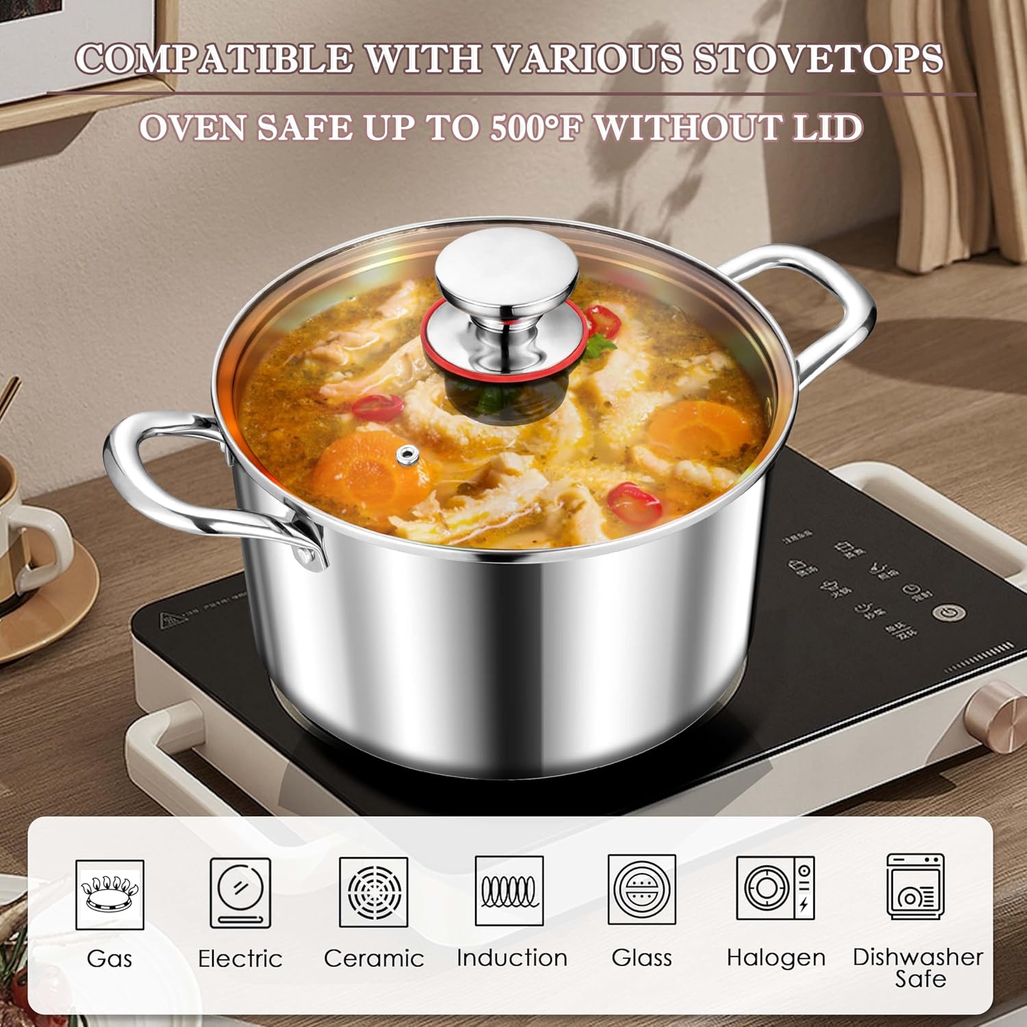 Herogo Olla de 8 cuartos de galón, olla de cocina de acero inoxidable 1810 con tapa, olla de pasta de 8 cuartos con asas, olla de tres capas para