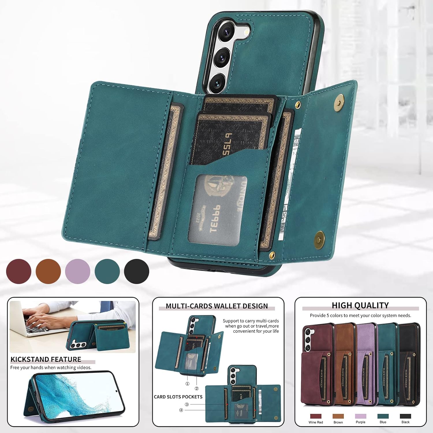Asuwish Funda de teléfono para Samsung Galaxy S23 Plus S23+ 5G Funda tipo cartera con protector de pantalla de vidrio templado y soporte para