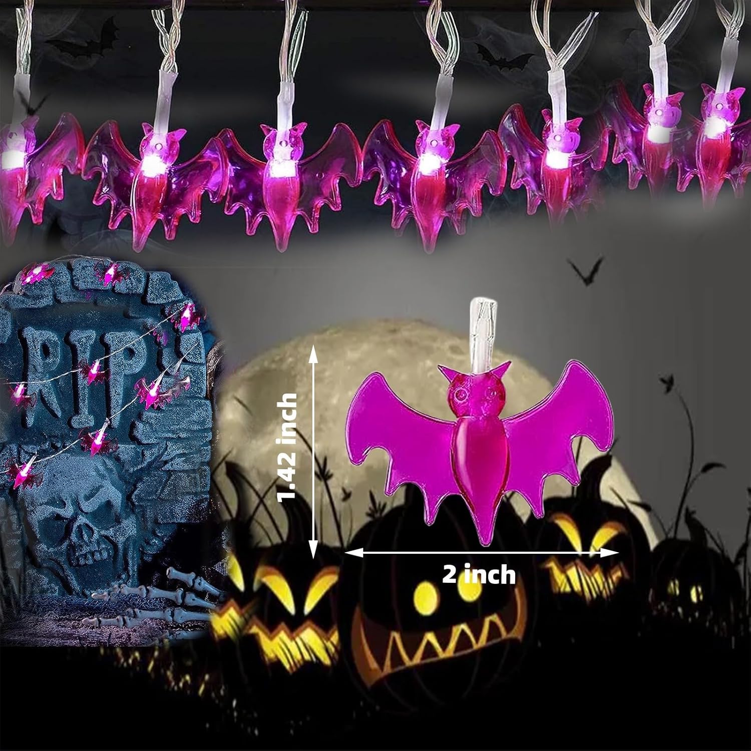 KITCHSTAR Guirnalda de luces de Halloween a pilas de 9.8 pies, 20 luces LED 3D de murciélagos de Halloween, 2 modos de luz, luces de decoración de