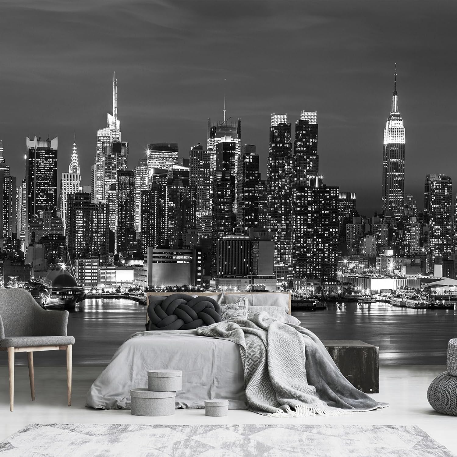 YQWDMX – Papel tapiz con vista nocturna de la ciudad en blanco y negro para decoración de pared de fondo de baño (no despegar ni pegar)