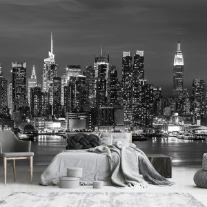 YQWDMX – Papel tapiz con vista nocturna de la ciudad en blanco y negro para decoración de pared de fondo de baño (no despegar ni pegar) YQWDMX – Papel tapiz con vista nocturna de la ciudad en blanco y negro para decoración de pared de fondo de baño (no despegar ni pegar)