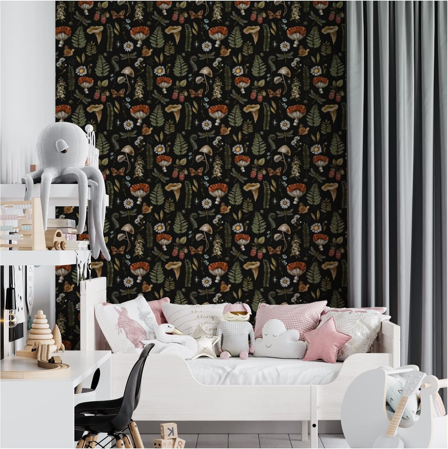 UniGoos Papel tapiz de helecho con caracoles y champiñones, vinilo retro, autoadhesivo, papel de pared temporal, fondo negro, papel de contacto