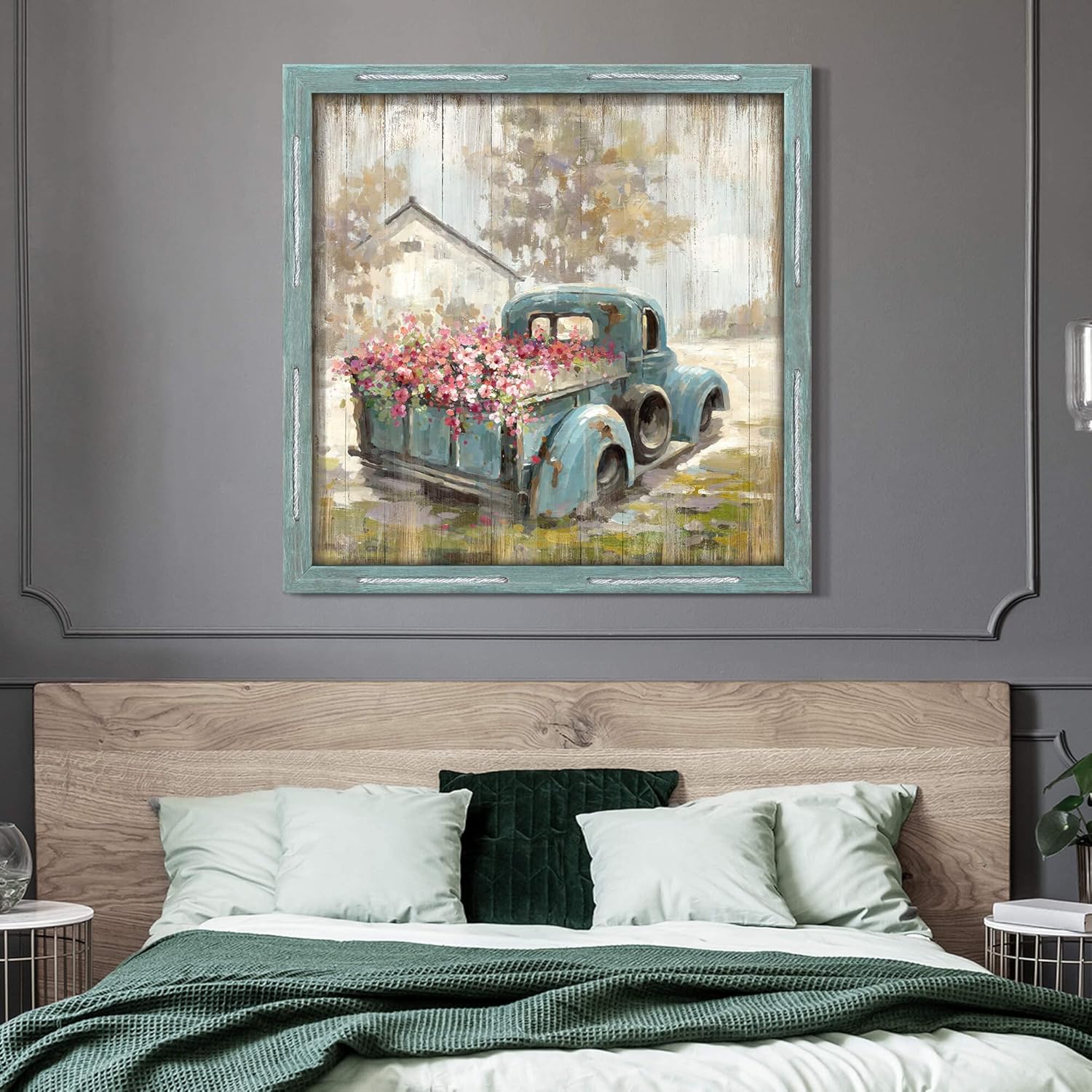 Arte de pared de granja Imagen de madera Granero de granja enmarcada decoración rústica paisaje de campo viejo camión con flores impresión campo
