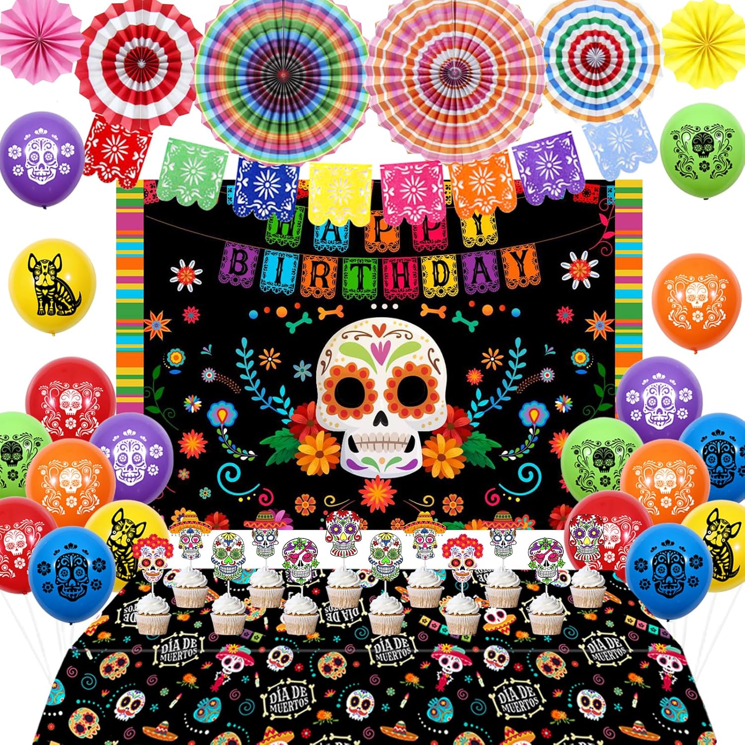 Decoraciones de cumpleaños del Día de los Muertos, globos del Día de los Muertos, telón de fondo de calavera de azúcar, mantel para cupcakes,