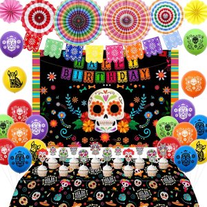 Decoraciones de cumpleaños del Día de los Muertos, globos del Día de los Muertos, telón de fondo de calavera de azúcar, mantel para cupcakes, Decoraciones de cumpleaños del Día de los Muertos, globos del Día de los Muertos, telón de fondo de calavera de azúcar, mantel para cupcakes,
