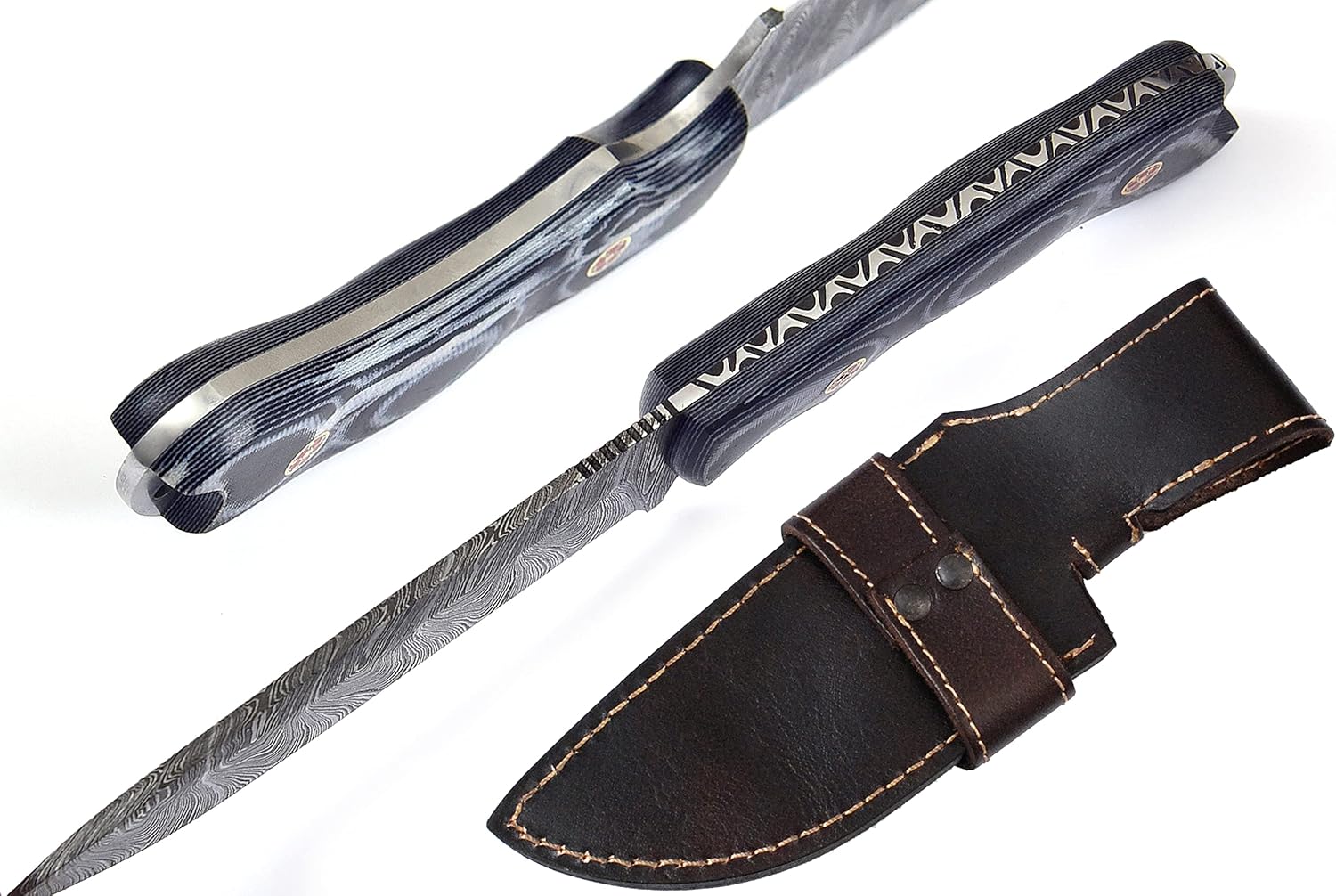 BG Knives Cuchillo de hoja fija de acero de Damasco hecho a mano de 9,5 “de longitud total para cazar, desollar con mango de micarta y funda de