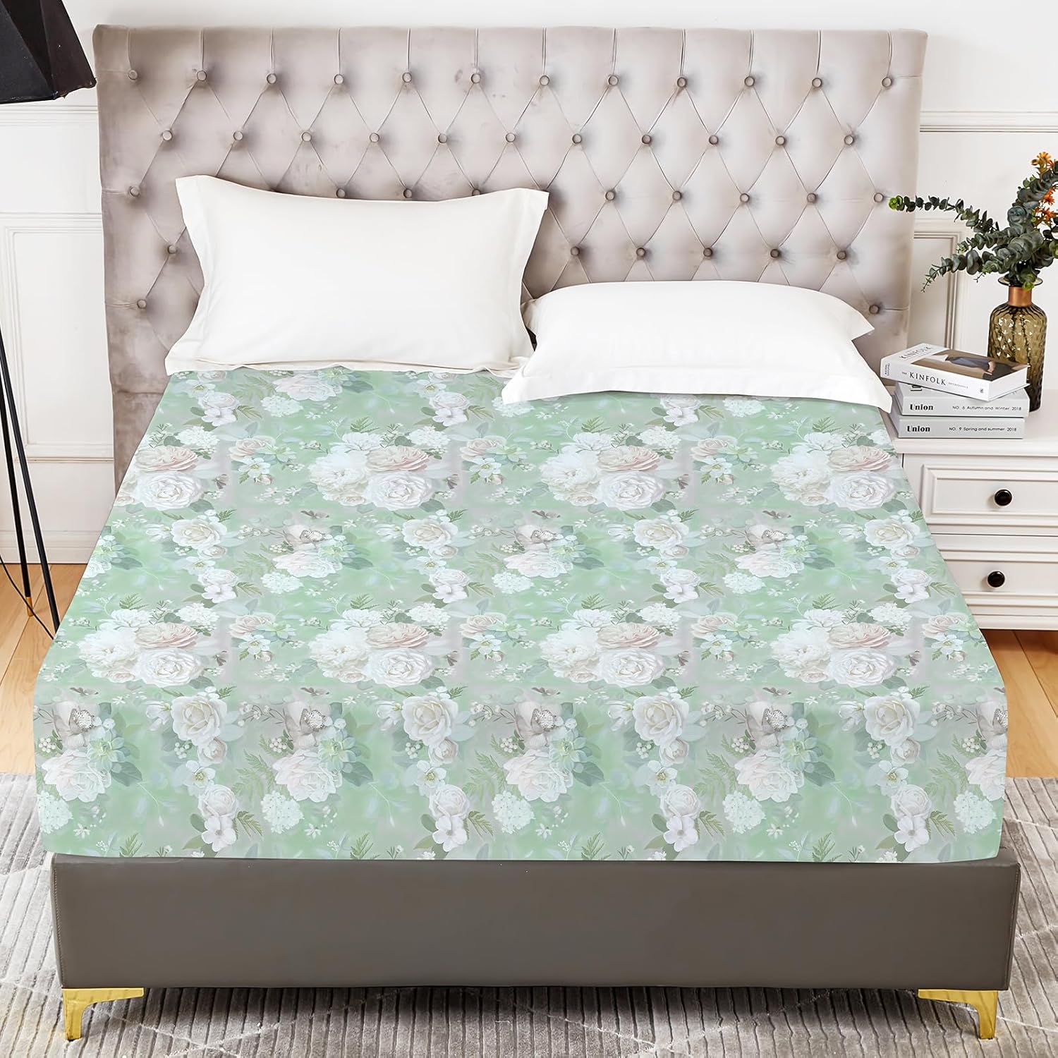 YIYEA Sábana bajera tamaño King  Estampado floral  Sábana bajera 100% microfibra cepillada de 1800 hilos tamaño King  Ultra suave  Bolsillo profundo