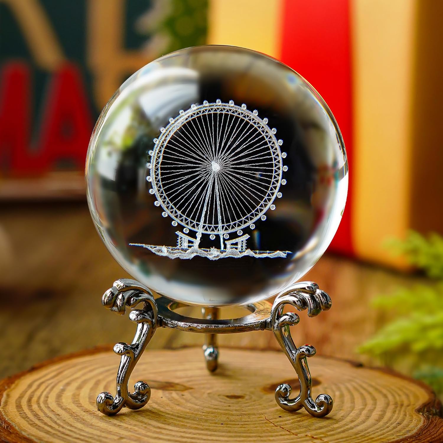 HDCRYSTALGIFTS Bola de cristal de 2.4 pulgadas (2.362 in) con soporte de floración chapado en plateado, bola de vidrio Fengshui para decoración del
