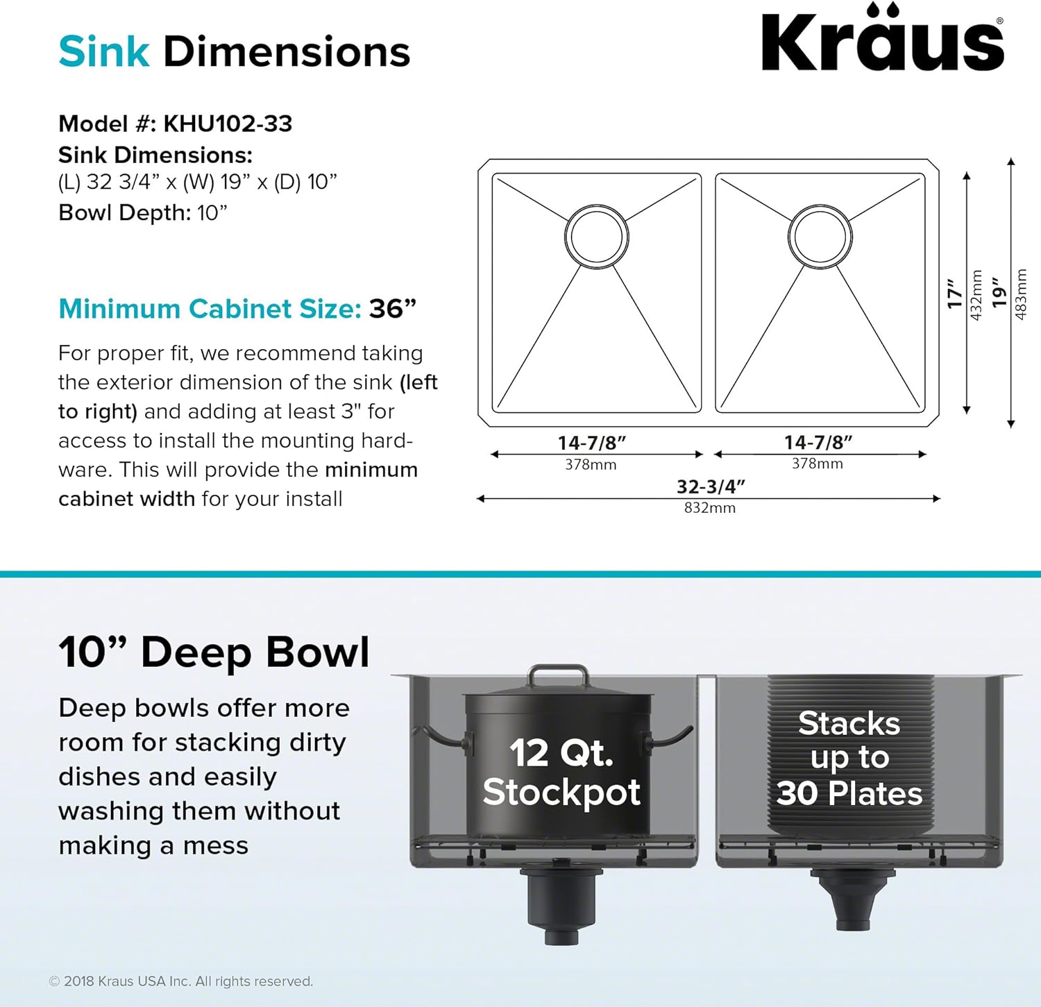 Kraus Standard PRO KHU102-33 – Fregadero de cocina acero inoxidable de 33in y 16g, con doble pila de distribución 50 y 50 para montar bajo encimera