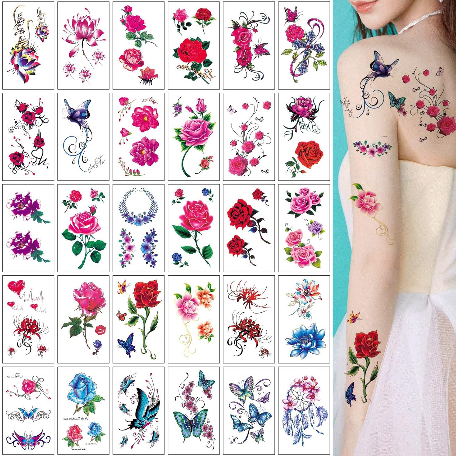 30 hojas de tatuajes temporales de rosas para mujeres y niñas, 3D de flores de mariposa sexy, calcomanías de tatuaje falsas, impermeables, arte