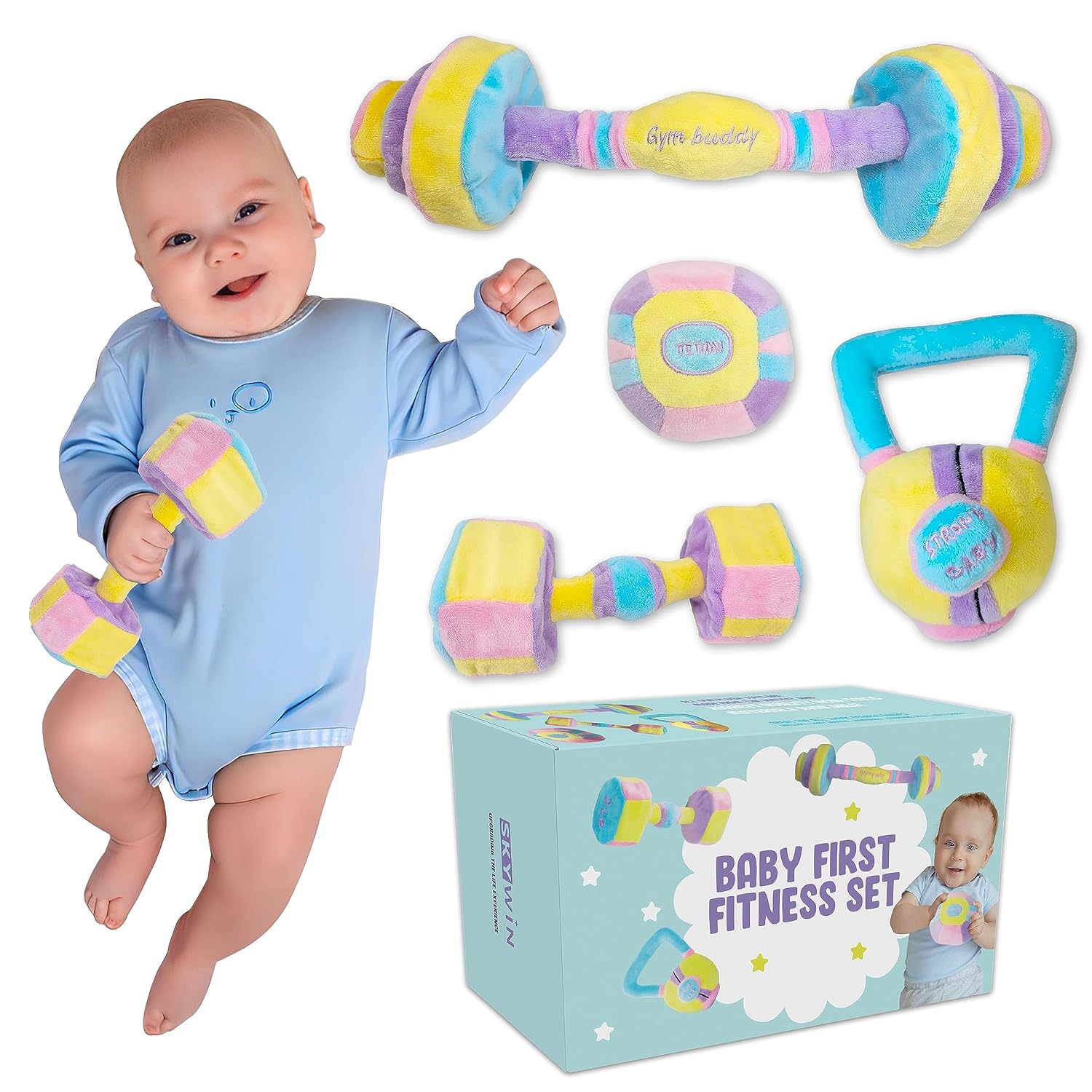 Skywin Juguetes con pesas para bebés, accesorios para fotos de bebé, juguetes de entrenamiento para bebés, juguete con mancuernas para bebé, juguete
