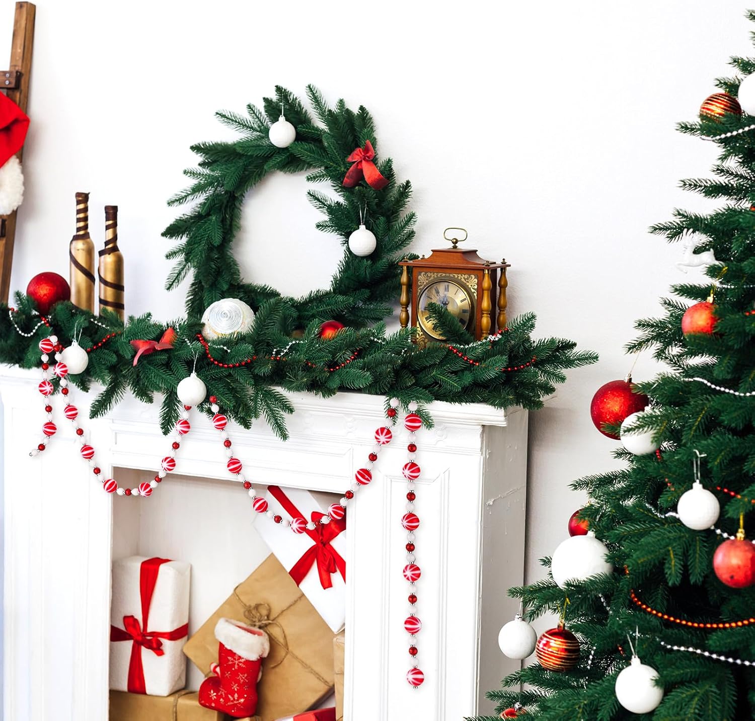 Guirnalda de bastones de caramelo de Navidad de 8.8 pies, con diseño de remolino, rojo y blanco, guirnalda de cuentas de Navidad, guirnalda de