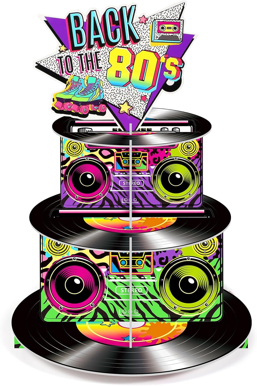 Zopeal Soporte para cupcakes de 3 niveles de los 80, decoración de fiesta, retro, de los años 80, hip hop, soporte para tartas de regreso a los 80,