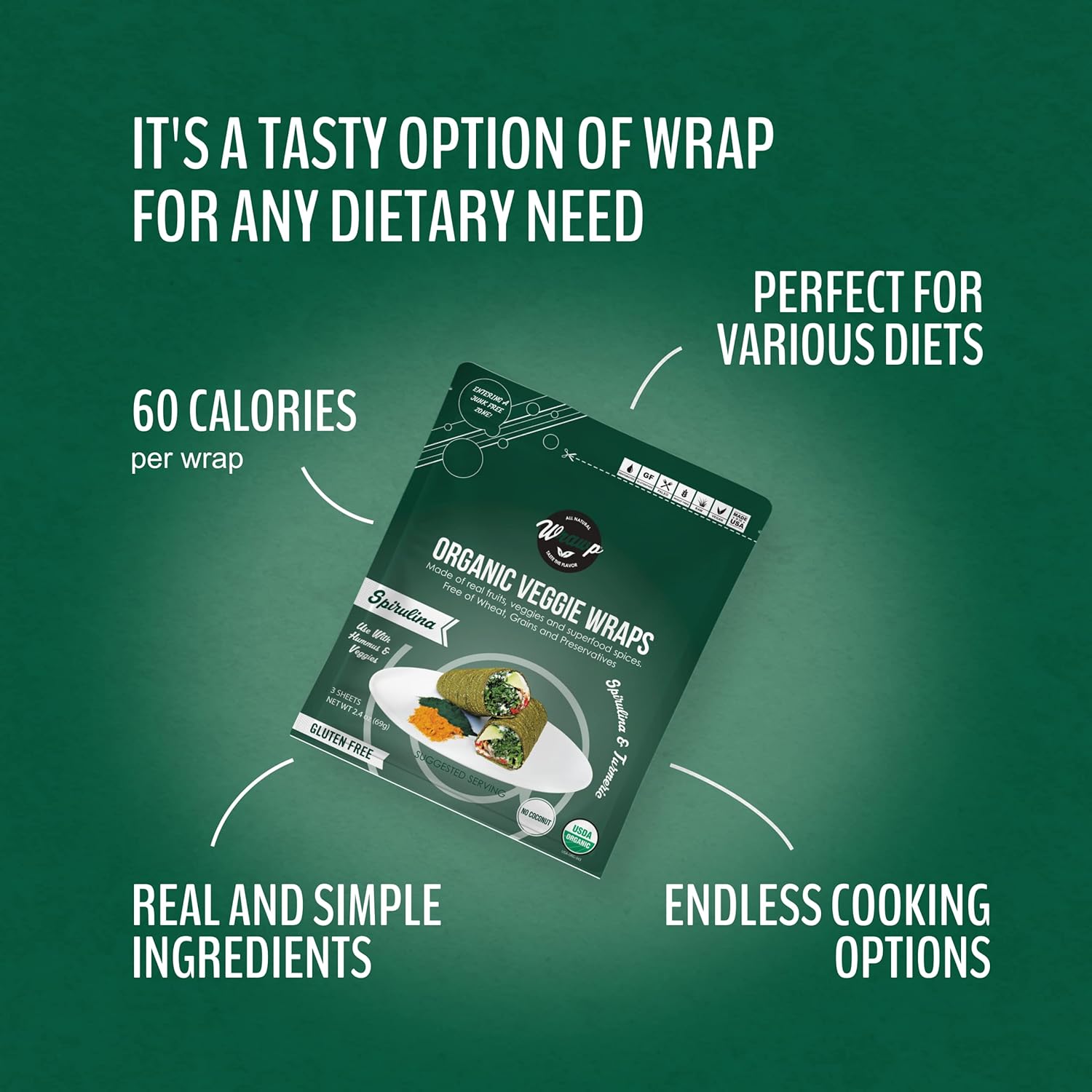 Wraw P Organic Mini Veggie Wraps – SPIRULINA (paquete de 4) ESTABLES EN ESTANTE, todo natural, sin gluten, paleo, vegano crudo. Perfecto para
