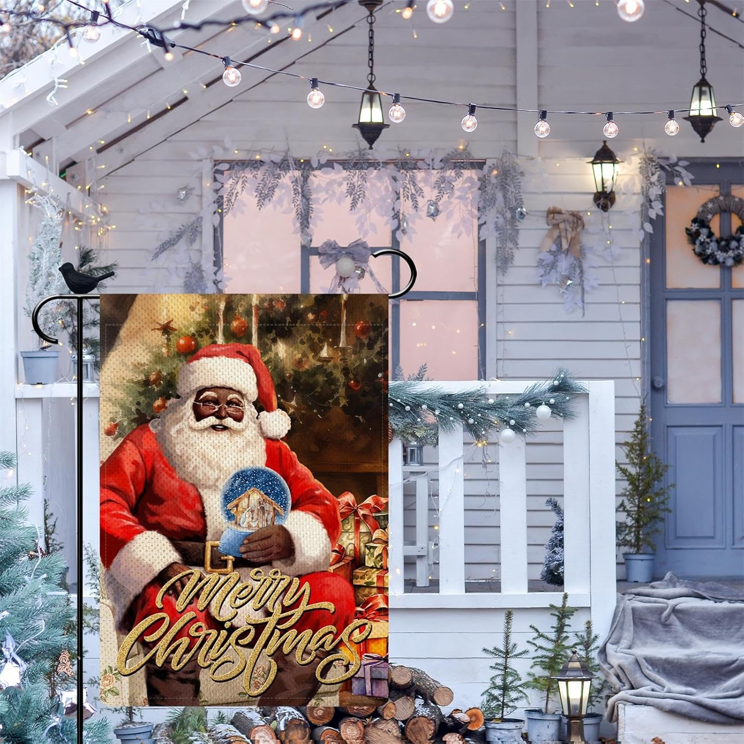 PIPISASA Decoraciones navideñas de Papá Noel negro, bandera de jardín de Feliz Navidad, 12 x 18 pulgadas, decoración de Navidad afroamericana,
