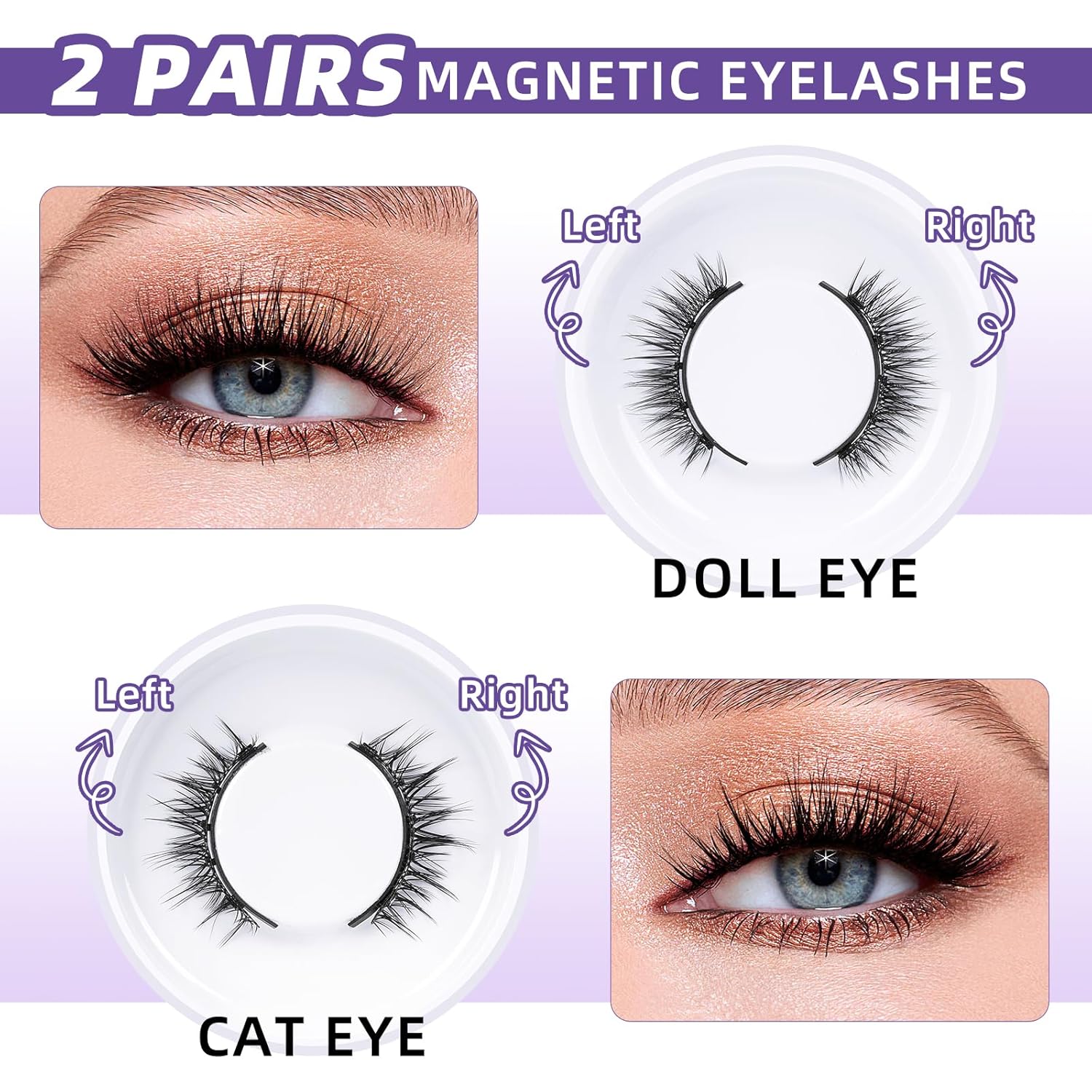 B&Qaugen Pestañas magnéticas, 2 pares de pestañas magnéticas, pestañas magnéticas naturales con aplicador, ojos de gato y ojos de muñeca, pestañas