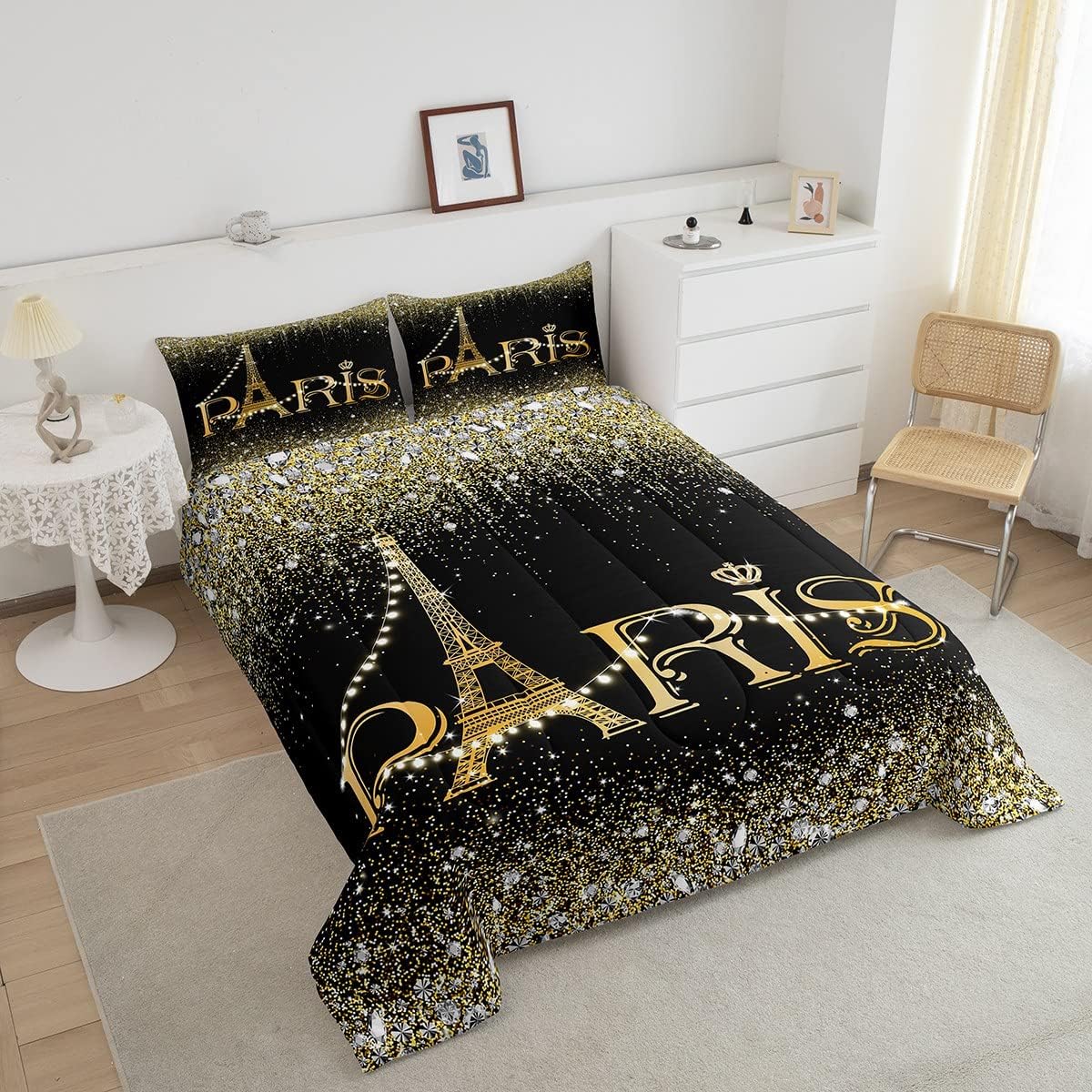 Juego de ropa de cama de París negro y dorado para mujer, juego de edredón de torre Eiffel con purpurina femenina para regalo del día de San