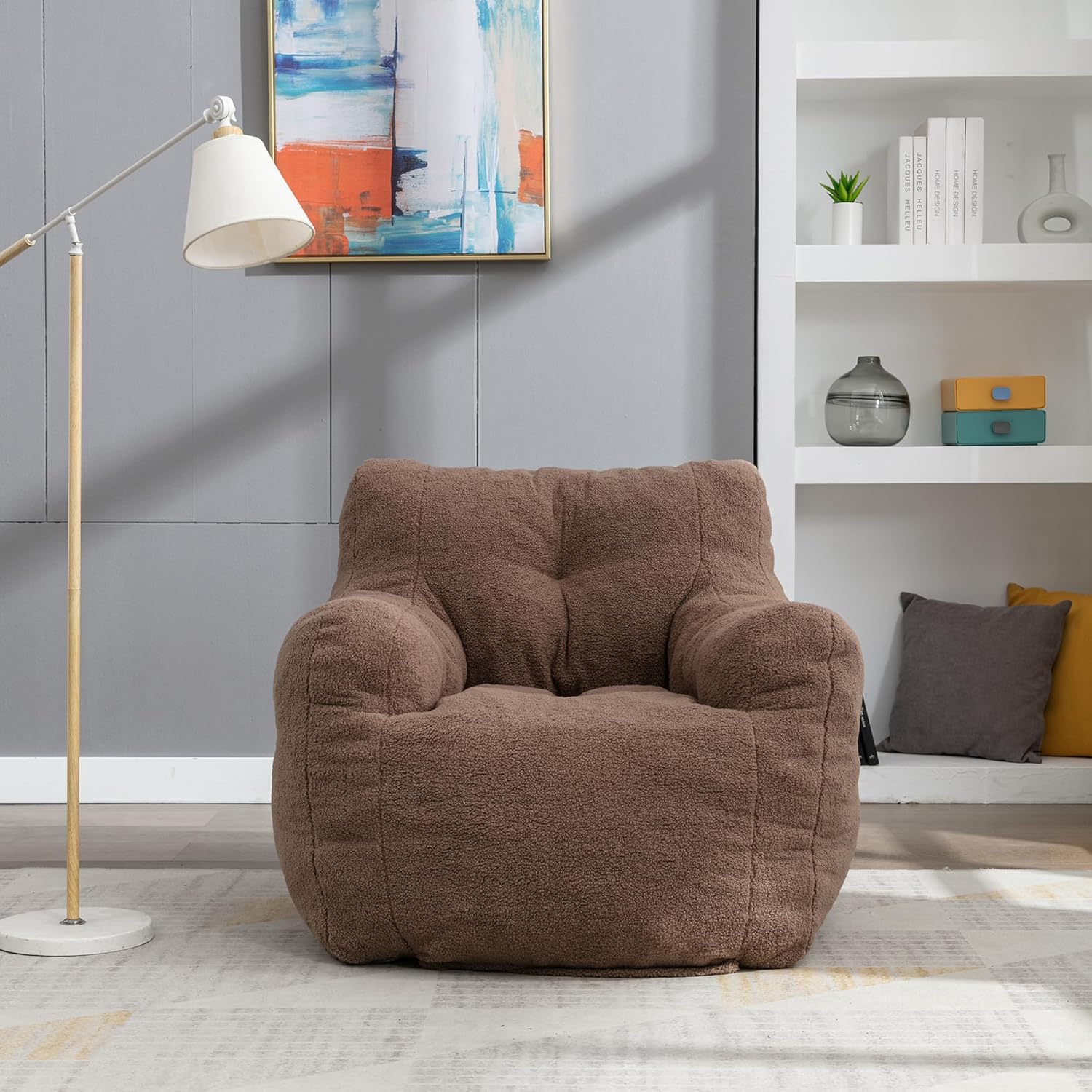 Hommoo Puf grande para adultos con reposabrazos, cómodo puf con relleno de espuma, esponjoso, tela de peluche suave, puf copetudo para dormitorio,