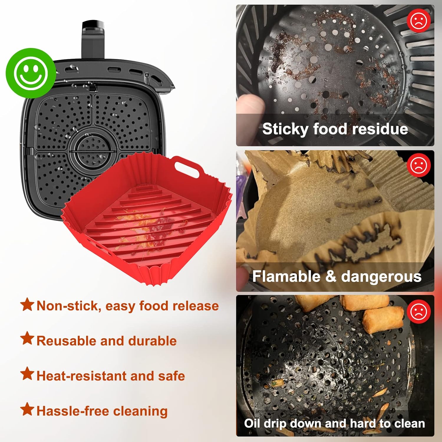 Seropy – Paquete de 2 forros de silicona reutilizables para freidora de aire de 8.6 pulgadas, forros cuadrados para freidora de aire de 4 a 7