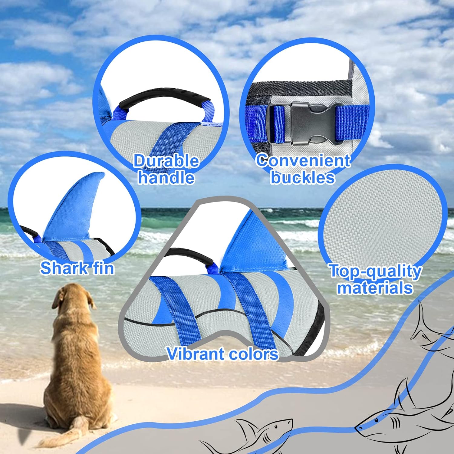 Fragralley Chaleco salvavidas para perros, tiburón, ajustable, antidesgarros, chaleco de seguridad para nadar con flotabilidad superior y asa de