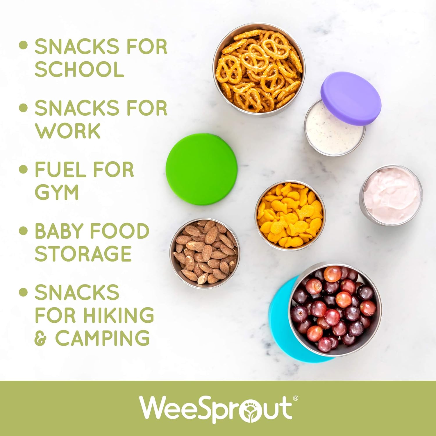 WeeSprout – Recipientes de acero inoxidable 188  Juego de 3 recipientes metálicos para alimentos (5.1, 6.8 y 13.5 onzas líquidas)  Tapas de silicona