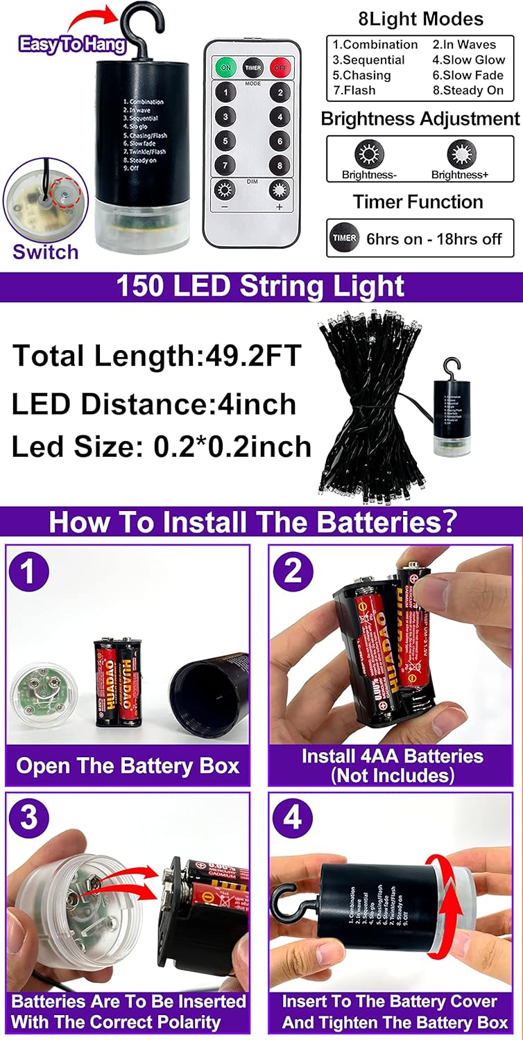 TURNMEON Tira de luces LED moradas de Halloween de 50 pies a 150 pies para exteriores, funciona con pilas, cable negro con impermeable,