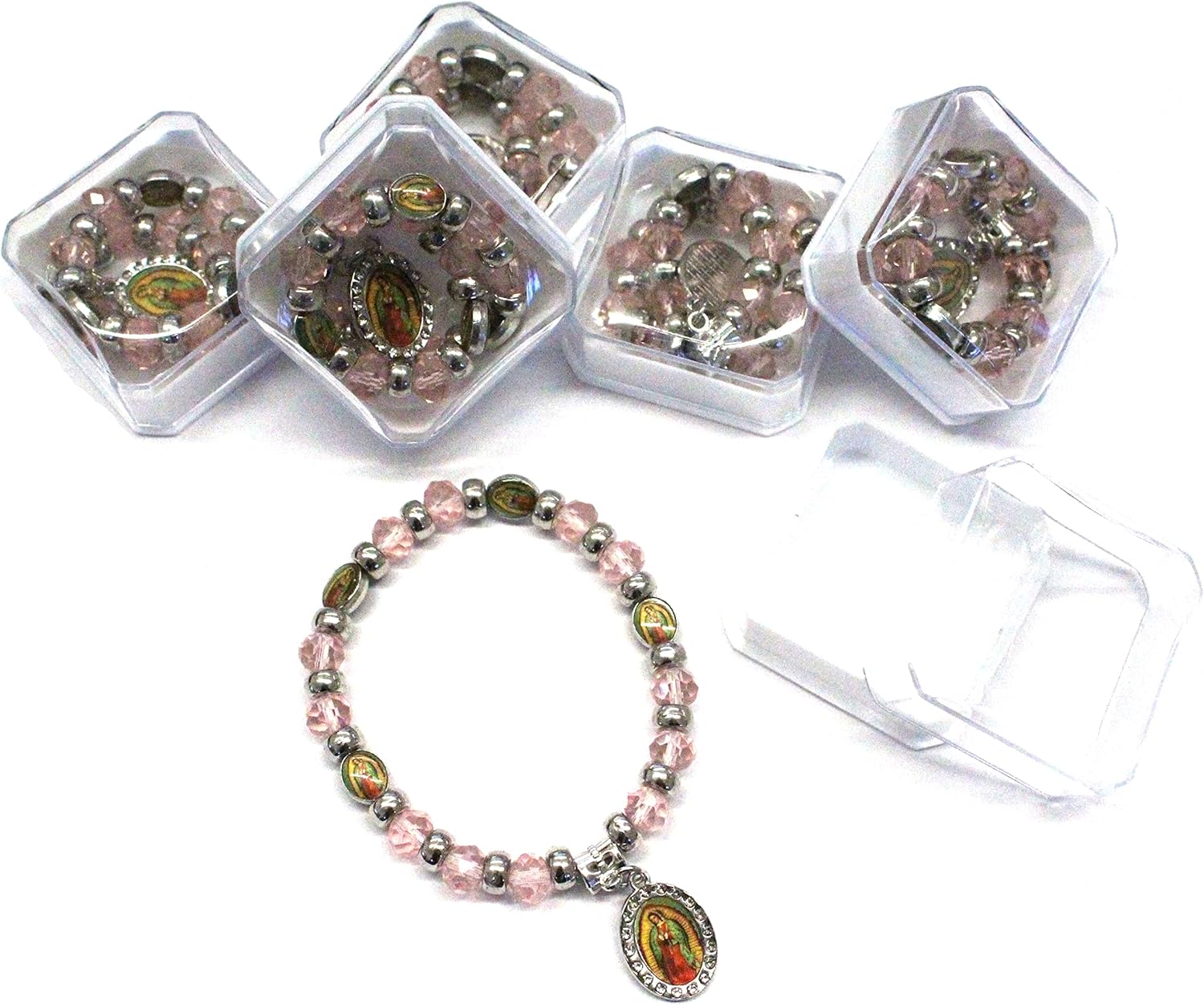 12 piezas de color rosa y plateado Lady Guadalupe Virgen María con cuentas, rosario para niña y niño, pulsera de bautismo, recuerdos de fiesta,