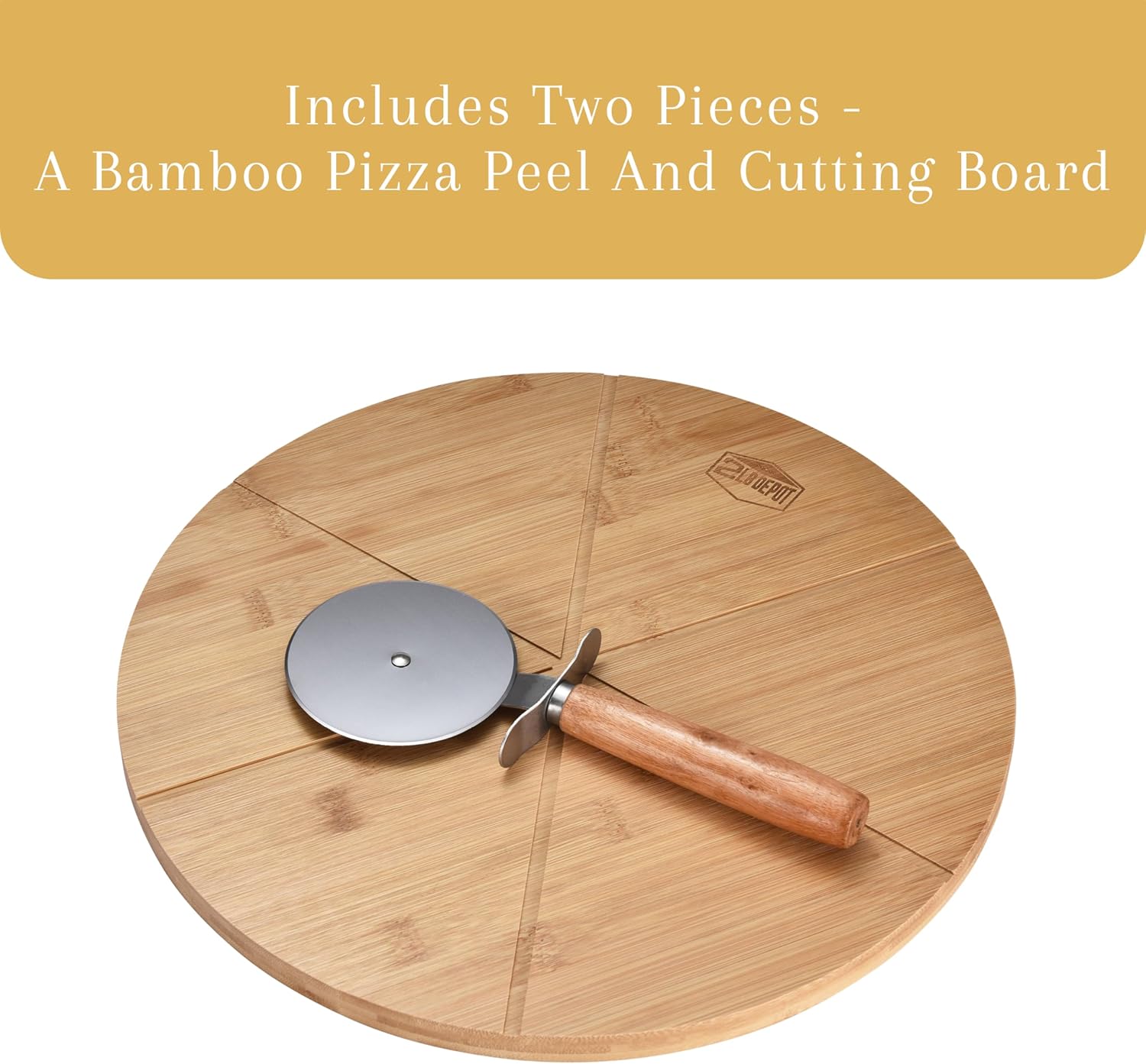 2LB Depot Tabla de cortar redonda de bambú de 13.5 pulgadas con cortador de acero inoxidable, tabla de cortar pizza de madera, tabla de cortar