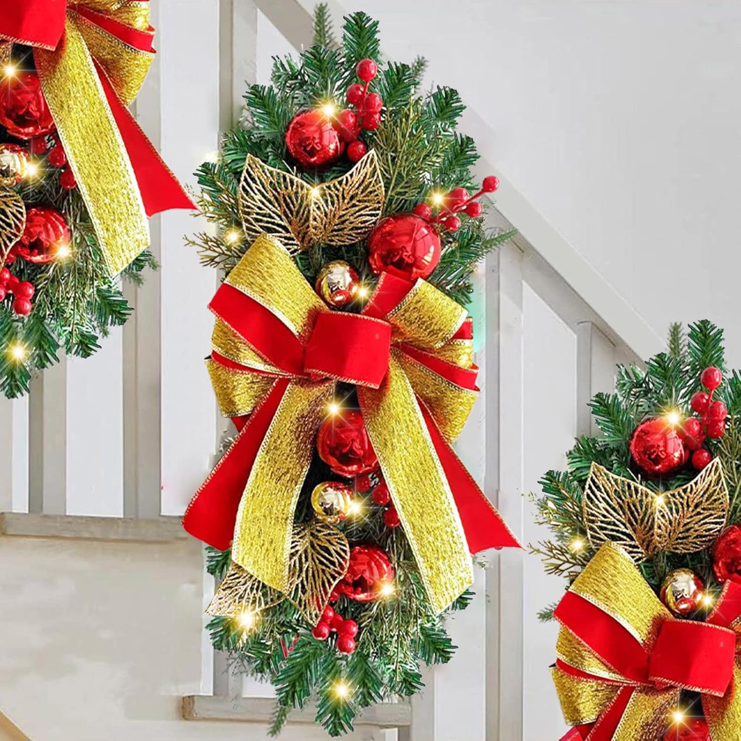 Guirnalda de escaleras de Navidad preiluminada, guirnalda de Navidad, el borde de escalera preiluminado inalámbrico, coronas de Navidad para puerta