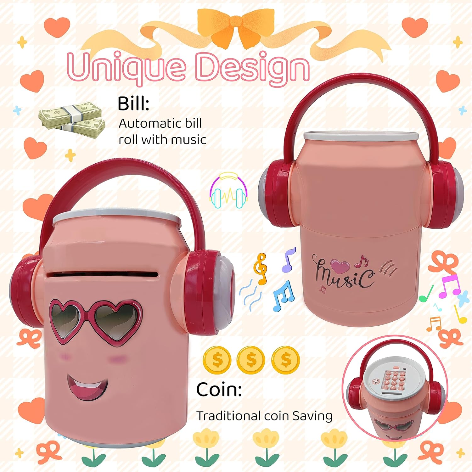 Banco de cajero automático para niños,Alcancía electrónica de música rosa para niñas,Banco seguro para niños grandes