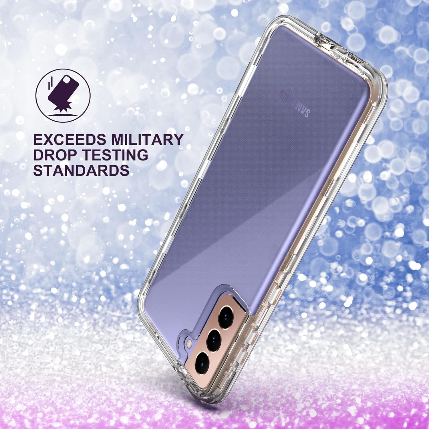 KIOMY Funda transparente a prueba de golpes para Galaxy S21+ 5G y 2 protectores de vidrio templado, carcasa rígida híbrida 3 en 1 y parachoques de