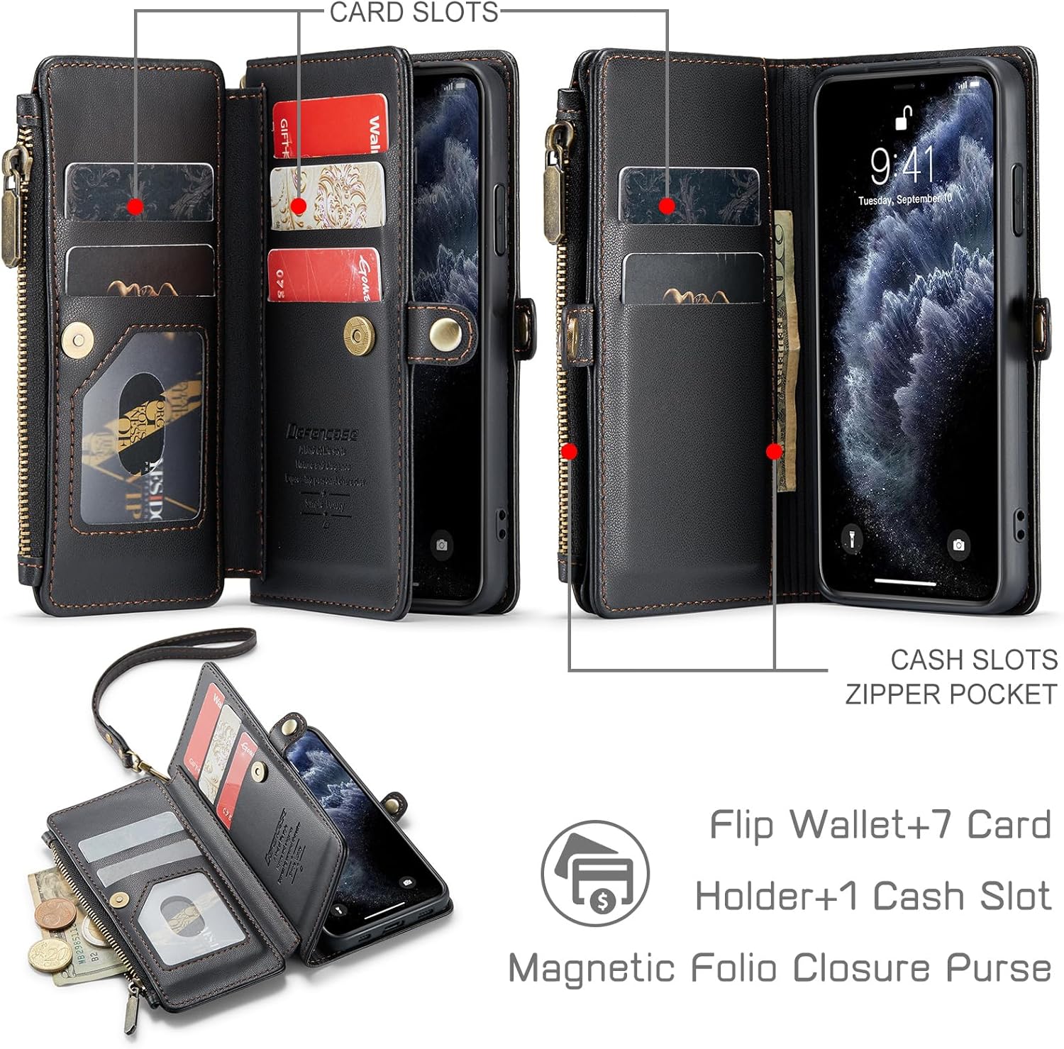 Defencase Funda para iPhone 11 Pro, bloqueo RFID para iPhone 11 Pro, funda tipo cartera para mujeres y hombres con soporte para tarjetas, cierre