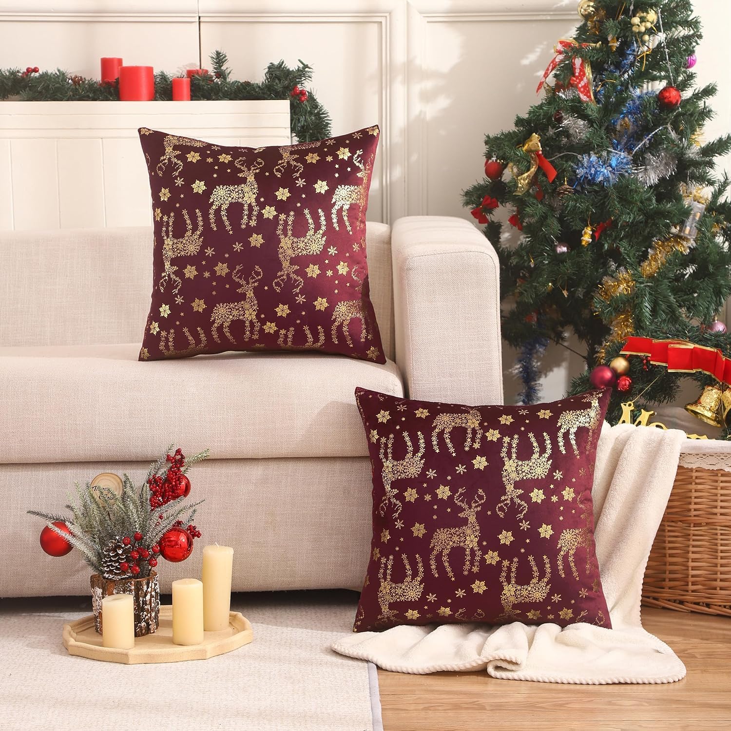 Tosleo Juego de 2 fundas de almohada de Navidad de 12 x 20 pulgadas  12.0 x 20.0 in., color rojo vino, ciervo, terciopelo, decoración de fiesta de