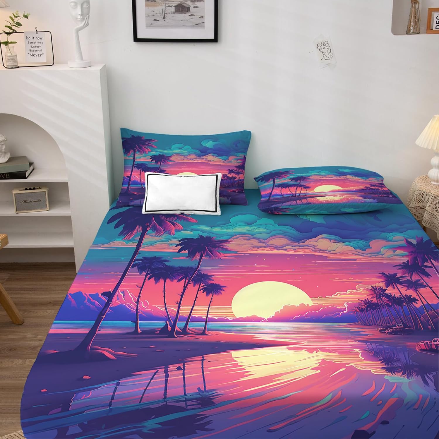 Z6-&-344 – Juego de sábanas y fundas de almohada estampadas de 4 piezas con diseño de paisaje tropical, sábana bajera ajustable de microfibra suave